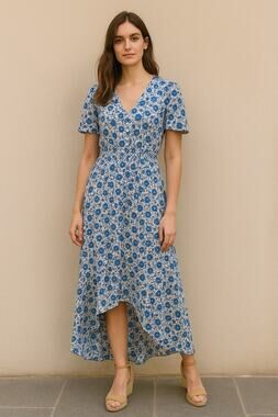 Abel The Label Blue White Floral Midi Dress L Wrap V Neck Cottagecore Boho